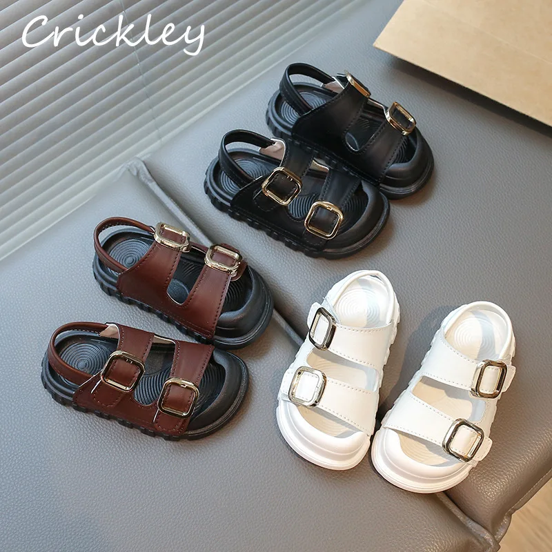 Summer Solid Children Sandals Buckle PU Leather Non Slip Boys Girls Beach Shoes Hook Loop Soft Bottom Toddler Kids Sandals