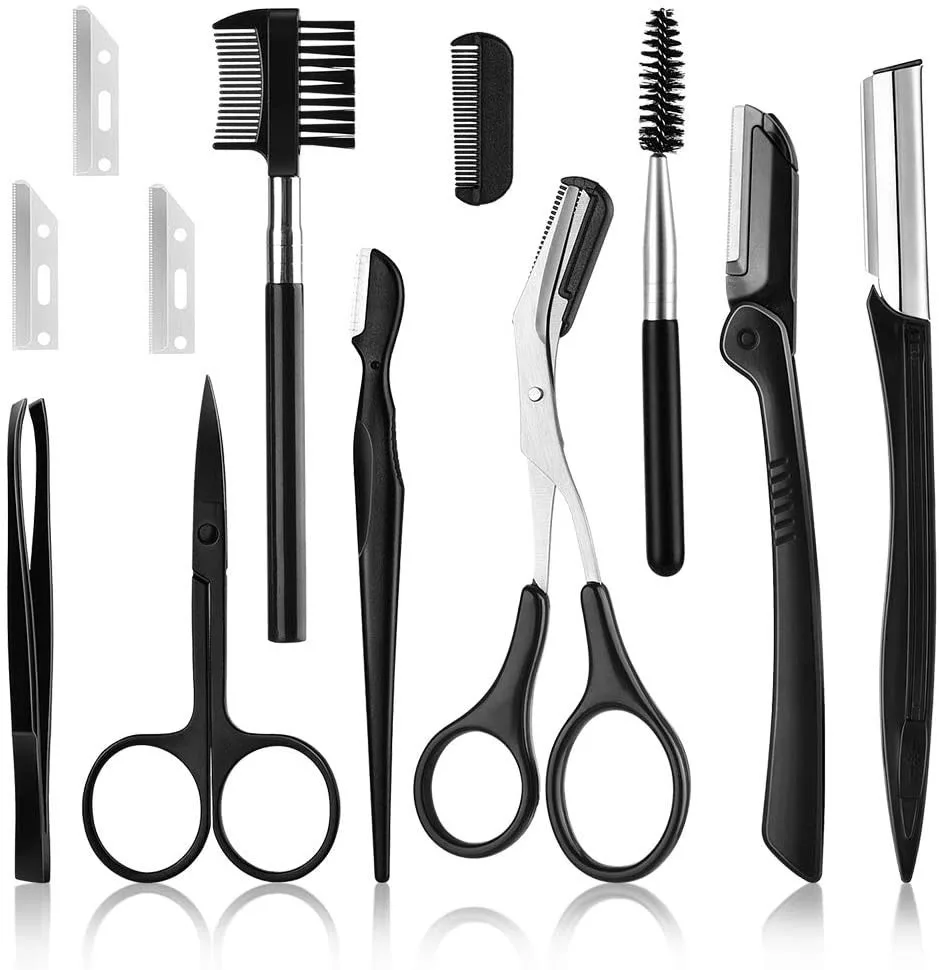 

12pcs Black Eyebrow Trimming Scissors Stainless Steel Tweezer Eyebrow Scraping Eyebrow Comb Razor Eyebrow Clip Makeup Tools Sets