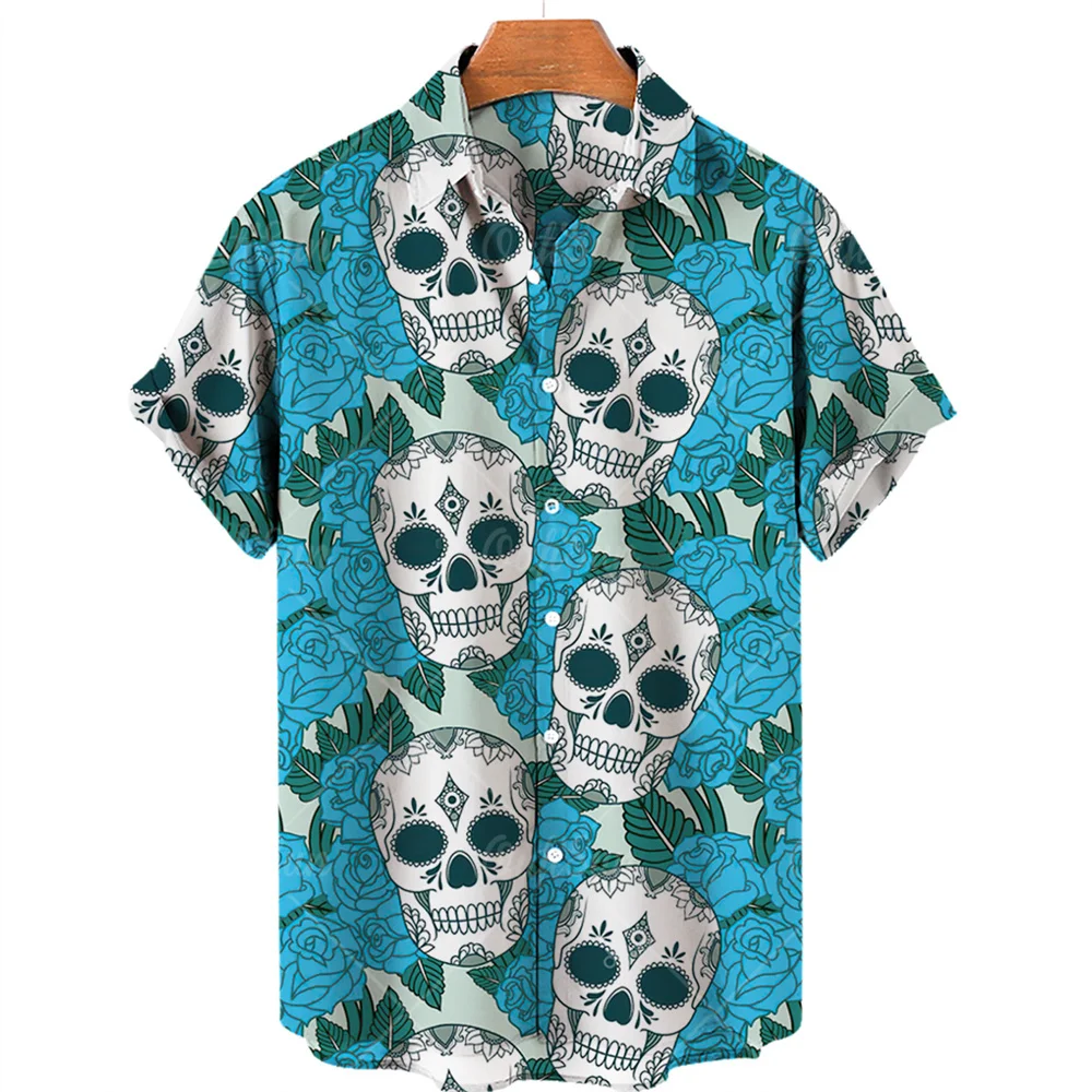 Skull Print Hawaiian Shirt Men Summer Short Sleeve Loose Beach Breathable Hip Hop Harajuku Top Oversize 5XL 2