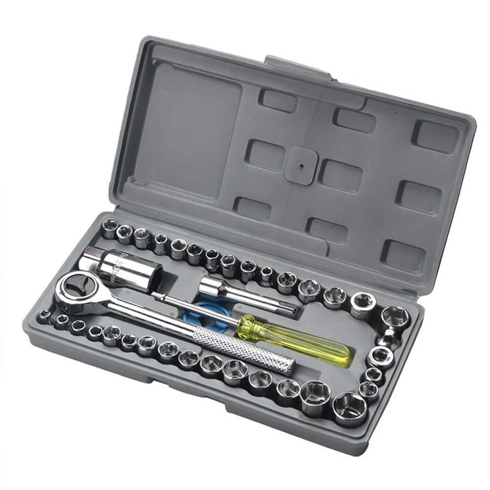 40Pcs/Set Hand Tools Socket Wrench Set Steel Drive 1/4-Inch Socket Set Quick-Release Ratchet Wrench Car Repair Combination Suit