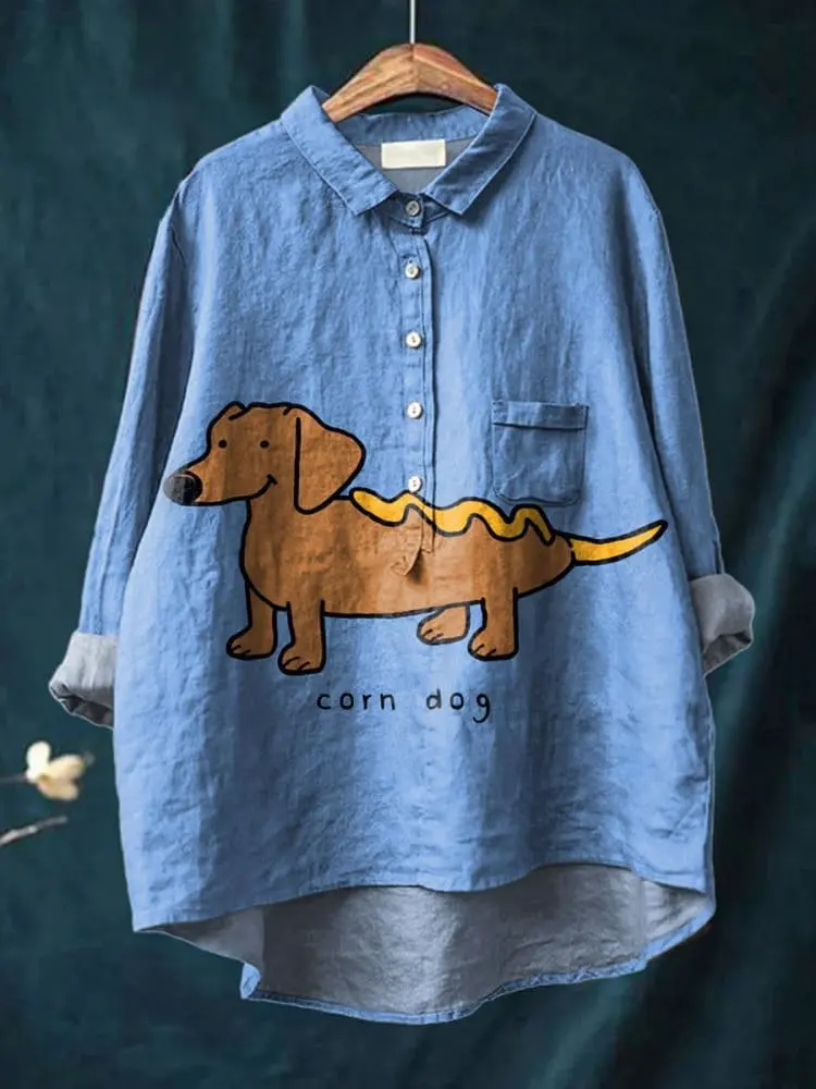 Vintage Schöne Hunde Kunst Muster 3D Gedruckt Mode frauen Revers Langarm Tasche Hemd Frühling Casual offenes rohr hemd KT-11 – Detail 8