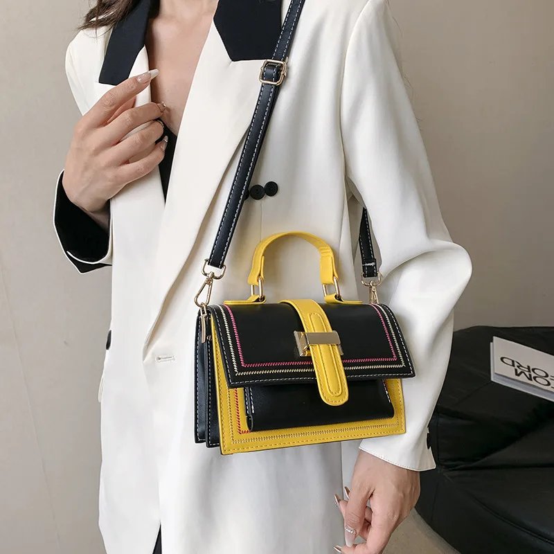 

2023 New Trend Design Luxury PU Leather Shoulder Bag Handbag For Women Contrasting Colors Square Tote Bags Ladies Free Shipping