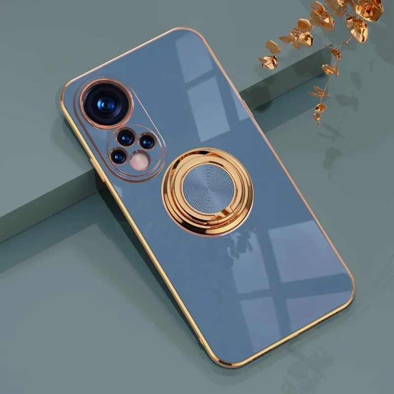 Luxury Plating Gloss Silicone Phone Case with 360° Rotating Ring Holder - Shockproof Design