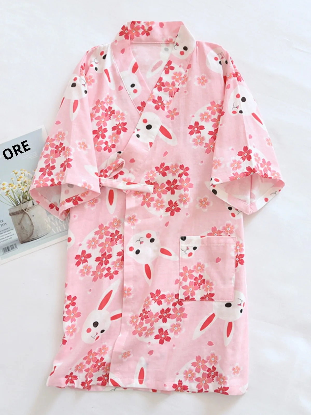 Girls Cotton Kimono Style Bathrobe Double Layered Pure Cotton Summer Spring Seasonal Children's Sleepwear Steam Sauna Suit - 3