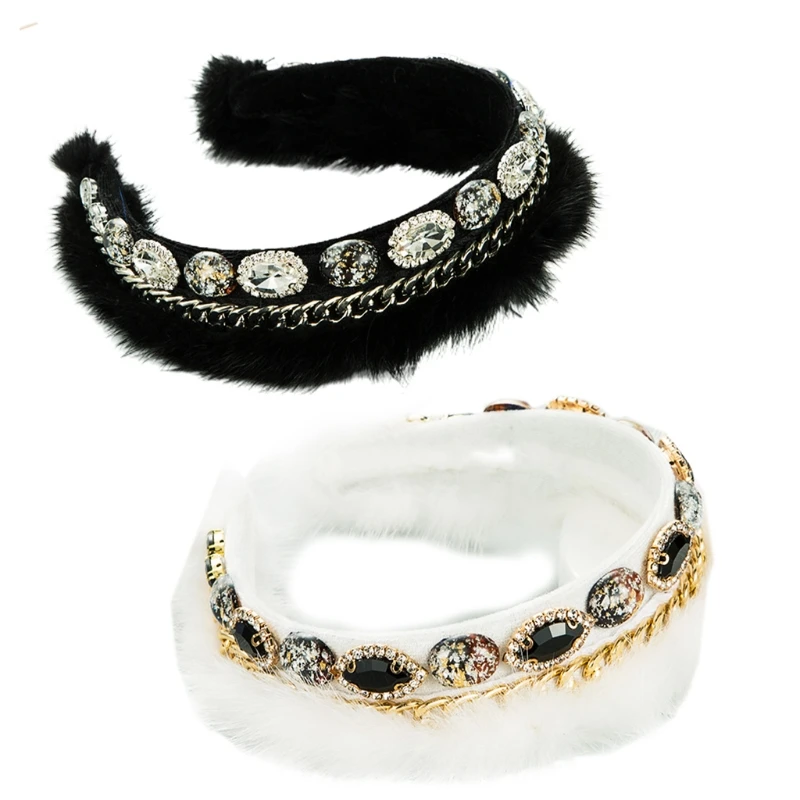 

A2ES Women Furry Plush Headband Baroque Prom Hair Hoop Crystal Chain Bandana