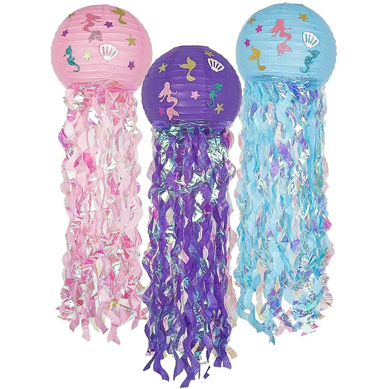 Confezione Da 3 Lanterne Di Carta Meduse Kit Sirena Hanging Wishes Lantern,For Girls Birthday,Ocean Theme Party Decoration Lamps