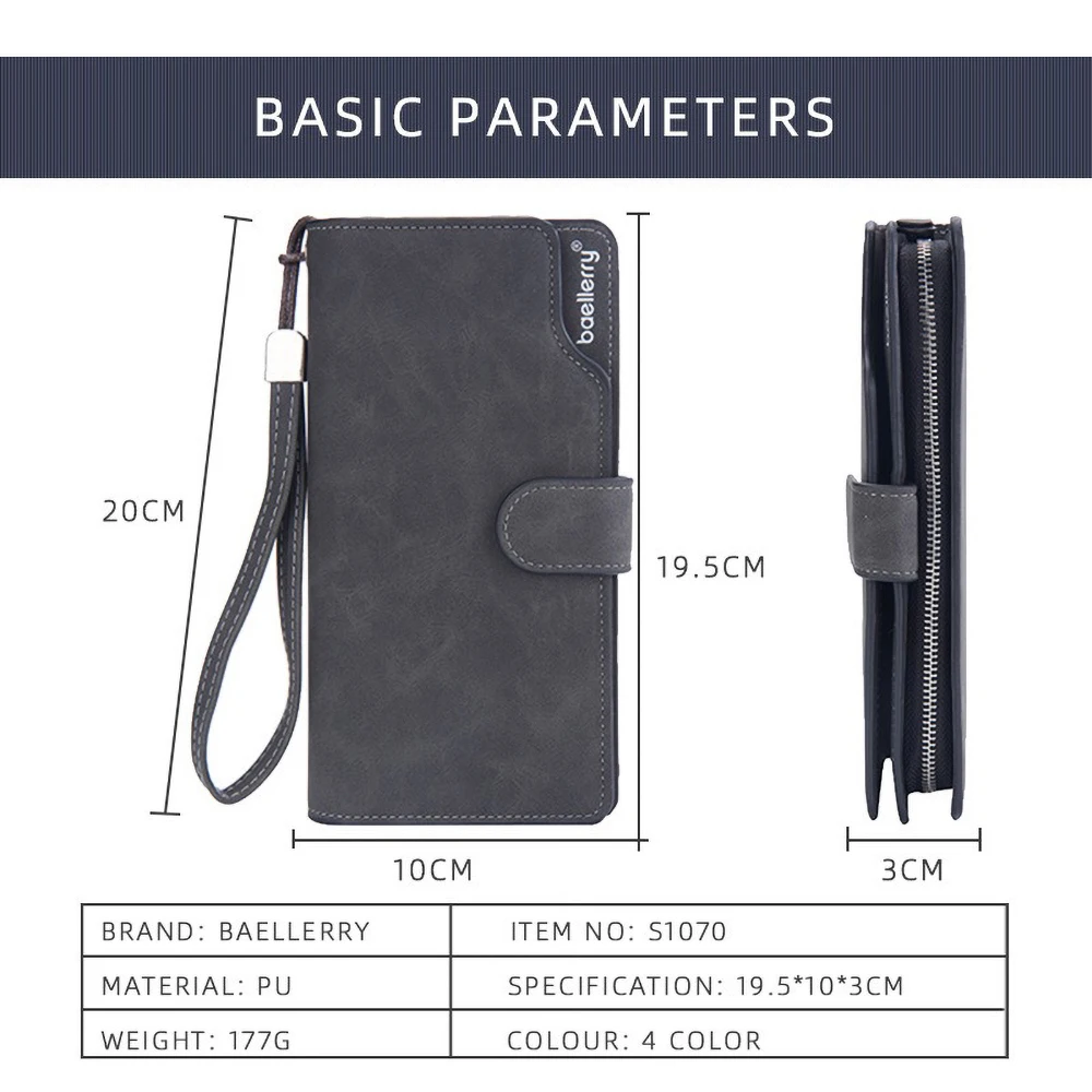 Baellerry Men's Long RfID Wallet PU Leather Zipper Coin Pocket 12 Card Slots Business Travel Gift