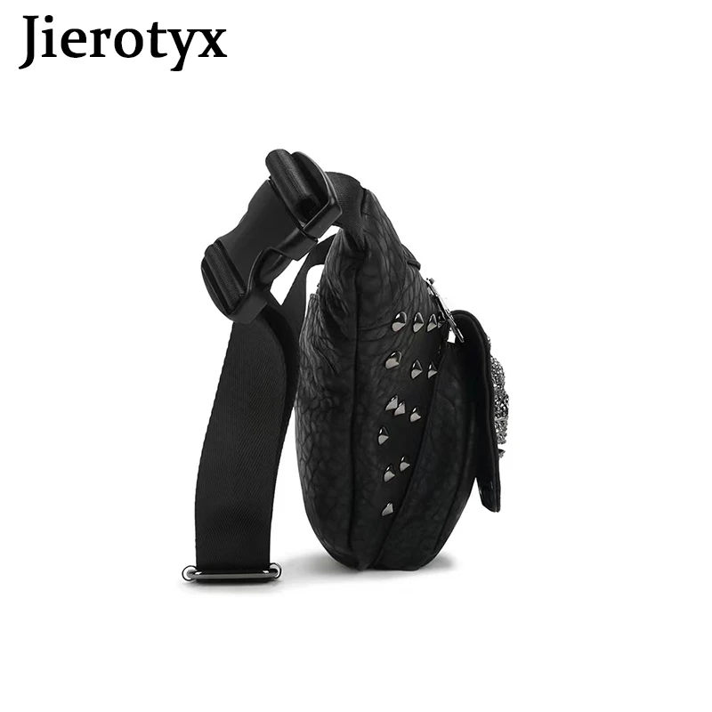 JIEROTYX Fanny Pack for Women Leather Vegan Belt Bag Goth Skull Crossbody Chest Waist Packs Hip Bumbags Vintage Rivet