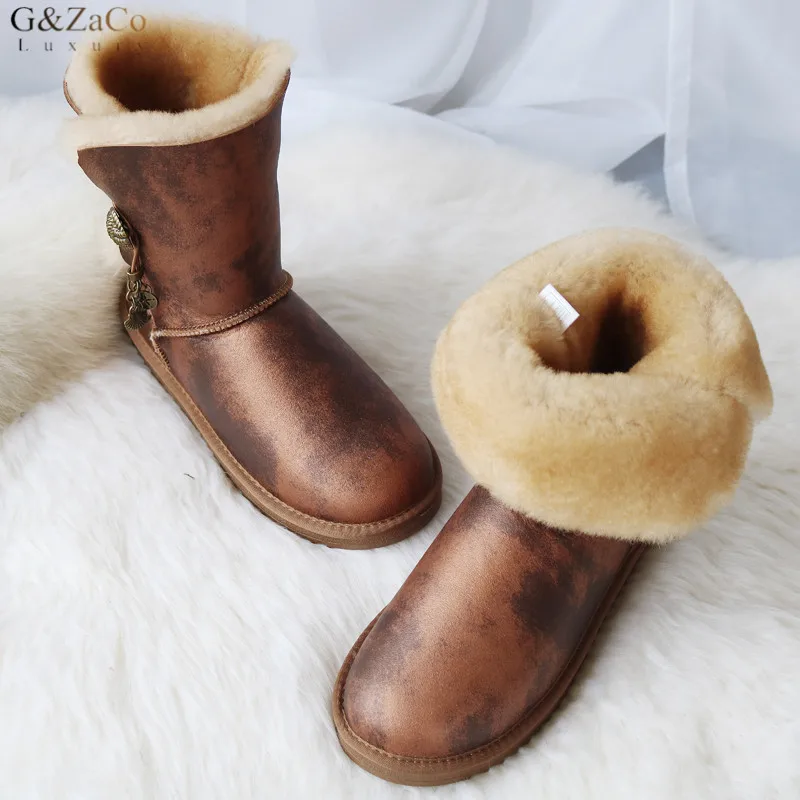 

G&ZaCo Luxury Winter Snow Boots Real Wool Natural Sheepskin Boots Mid Calf Metal Button Genuine Leather Women Rubber Boots