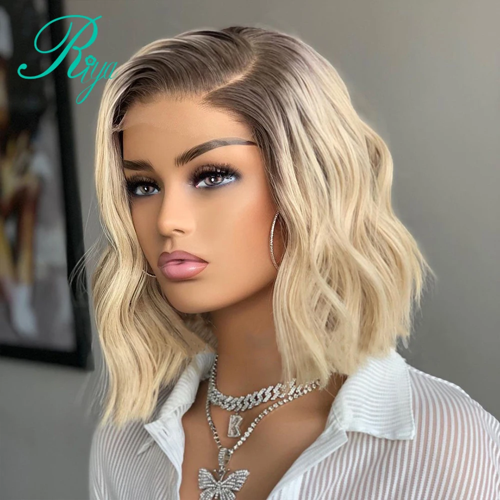 4T613 Honey Blonde Ombre 613 Color 150% 4x4 Lace Closure Wig Short Pixie Bob Cut Straight 13X4 Lace Front Human Hair Wigs Riya
