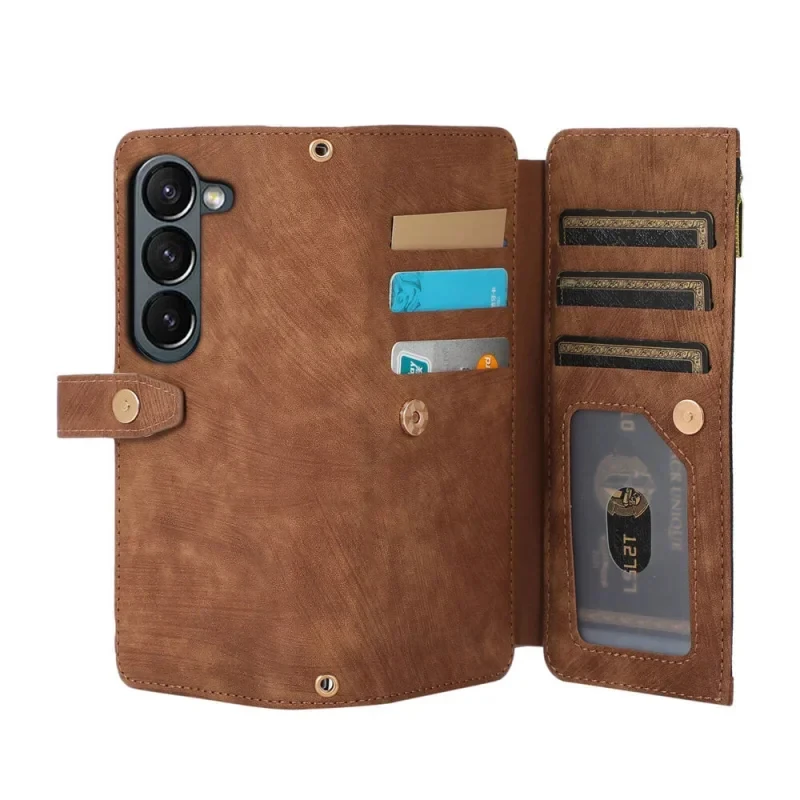 Zipper Card Slot Leather Wallet Phone Case with Stand and Screen Protection