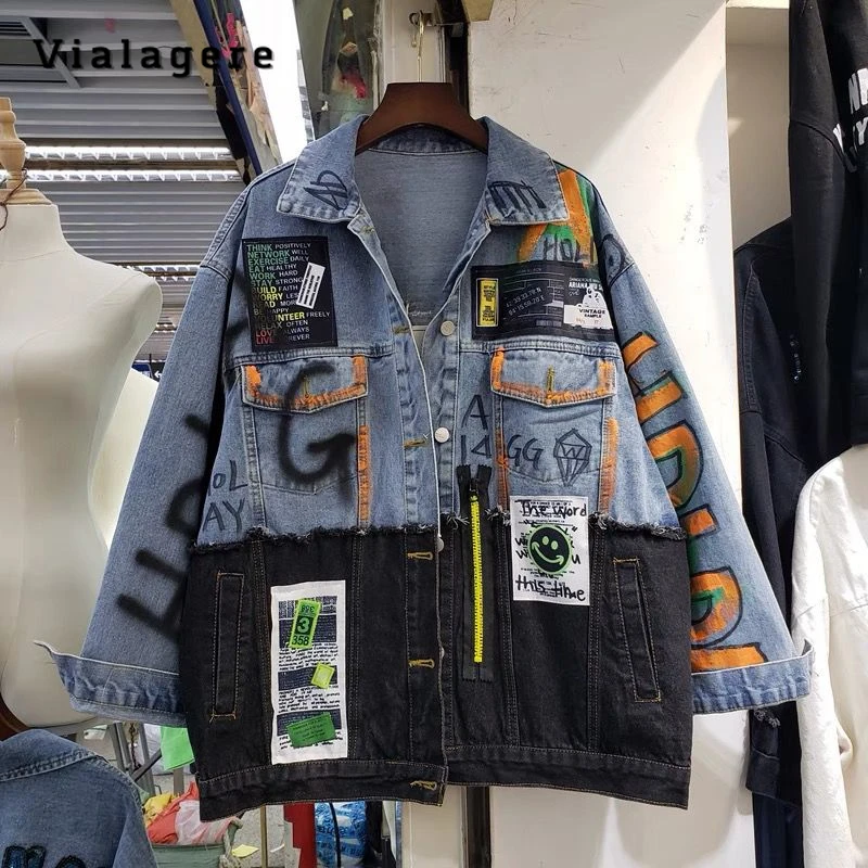 

2023 Autumn Winter American Retro Baggy Casual Blue Denim Jacket Women's Streetwear Patchwork Grunge Y2K Loose Grunge Jean Coat