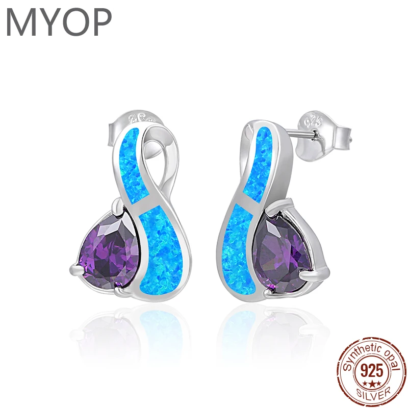 

MYOP Genuine 925 Sterling Silver Original Water Droplets Pattern Earing Synthesis Opal Earrings Femal Holiday Gifts