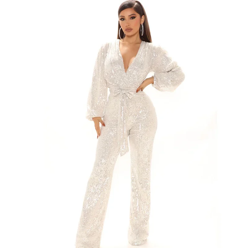 Women Glitter Sequins Splice Jumpsuit Fashion High Waist Lace-up Lantern Sleeves Deep V Neck Rompers Female Commuter Party Wear