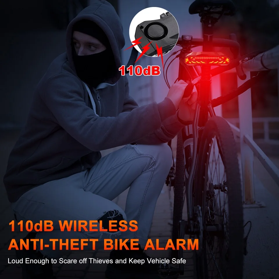 Remote Control Bike Alarm Wireless Vibration Alarm Bicycle Taillight Extractme Wireless Bicycle Alarm Rear Tail Light Turn Signal IP65 Waterproof Remote Control USB Bike Brake Taillight