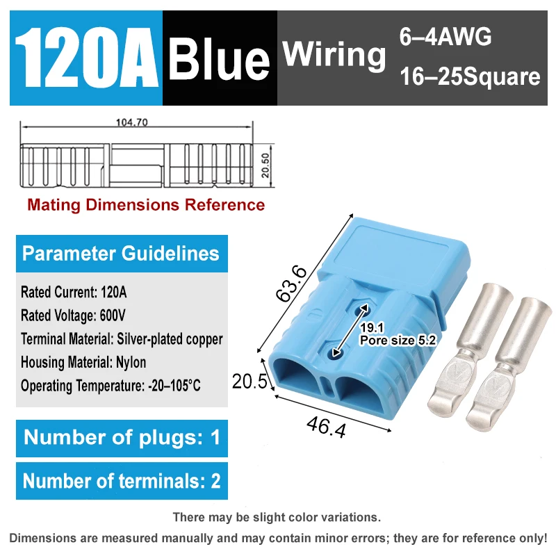 High Current Charging Plug Connector for Electric Car Battery and UPS Cable, 600V, Multiple Amp Options