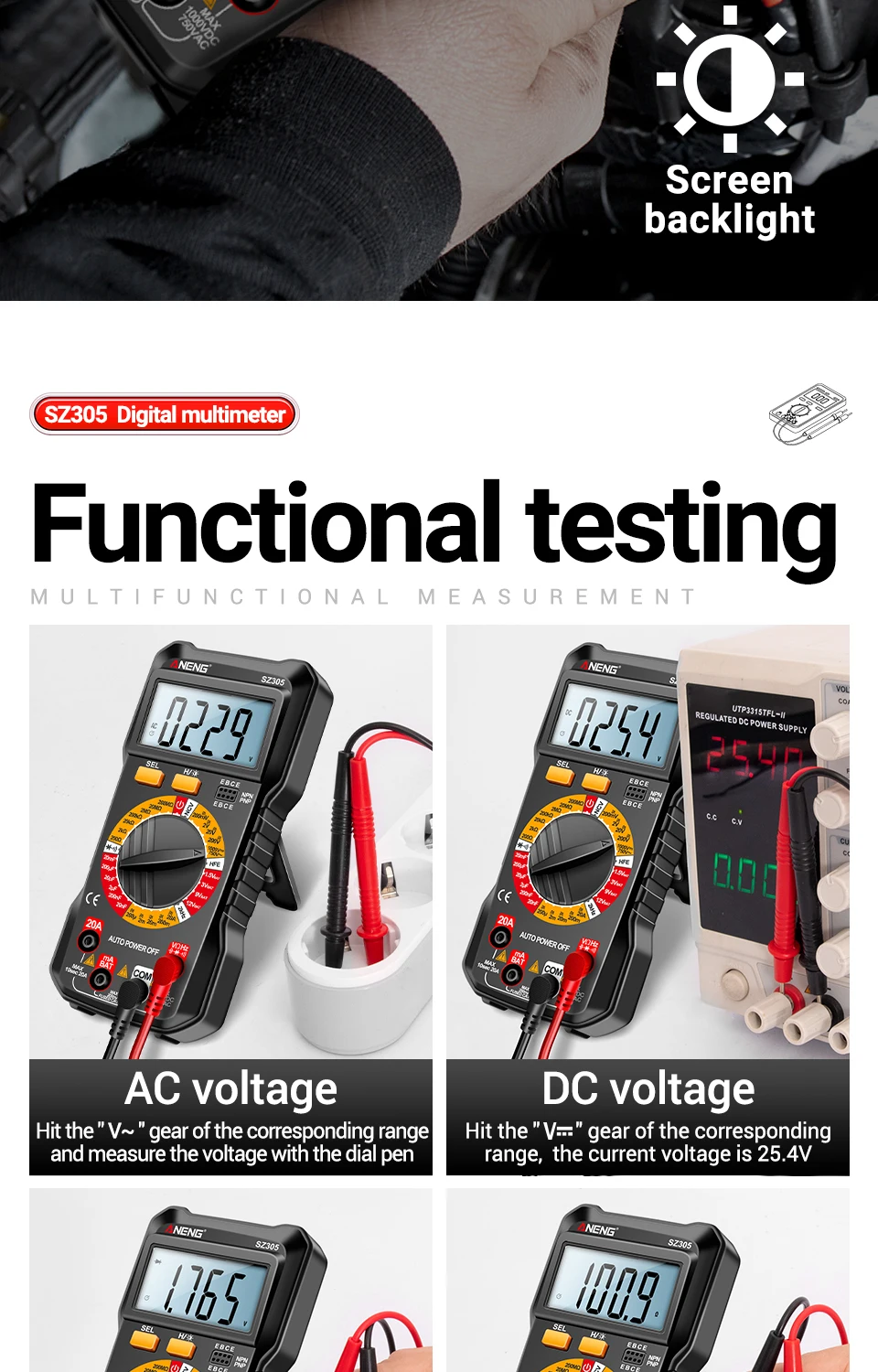 ANENG SZ305 1999 Count Professional Multimeter AC/DC Voltage Tester Ammeter  Capacitor hFE Triode Hz Detector Electrician Tool - AliExpress
