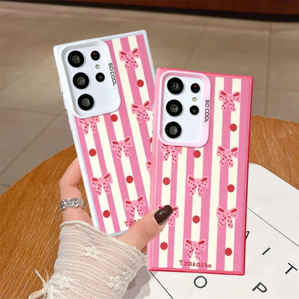 Acrylic Hard Matte Cover with Pink Stripe and Bow Design