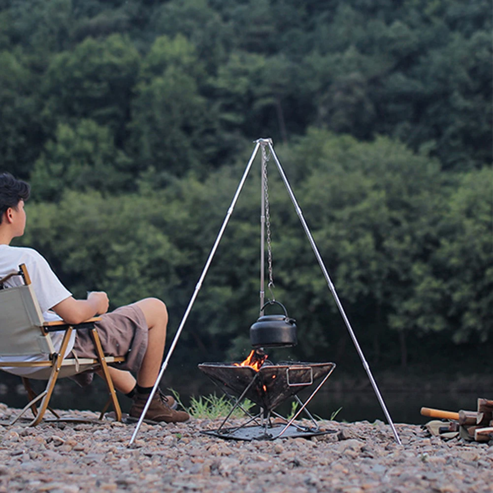 Camping Bonfire Tripod Portable Aluminum Alloy Cooking Pot Frame Tool Stainless Steel Chain Detachable Stand Camping Accessories