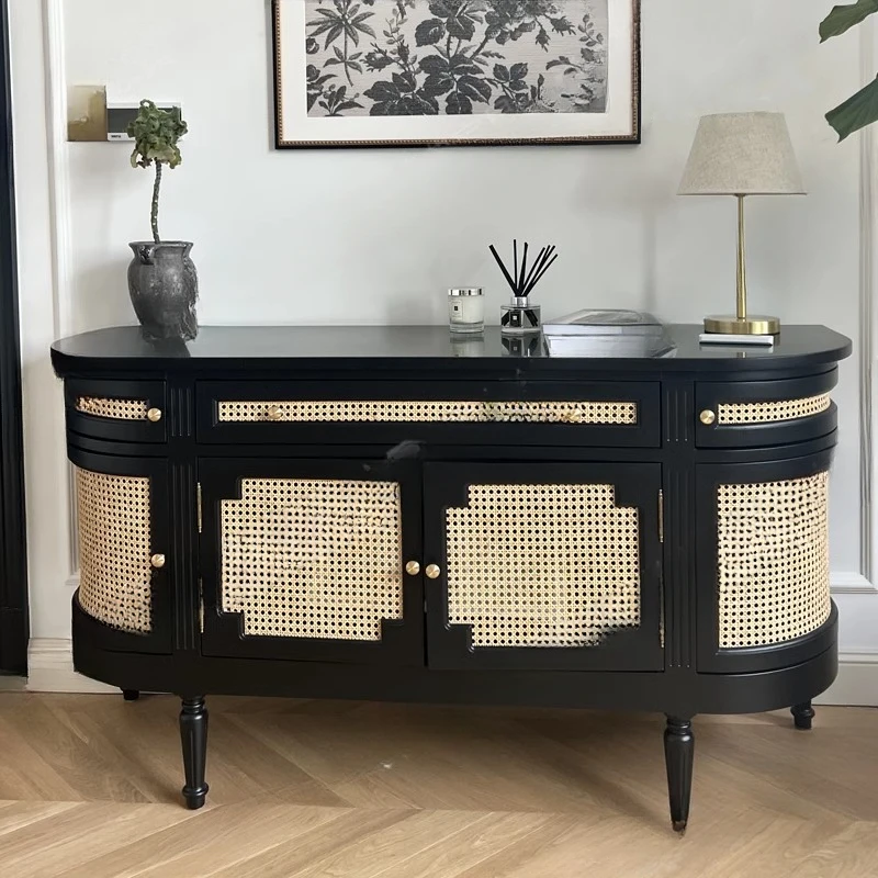 Customized French vintage storage cabinet, solid wood rattan bucket cabinet, black dining cabinet, storage cabinet, solid wood