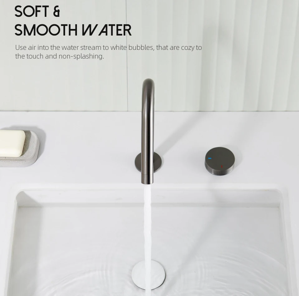 Gunmetal Basin faucet Knurled knob Hot & Cold Sink Mixer 360 Rotating Spout Wider spread Deck Mounted Basin Tap Bathroom Faucet