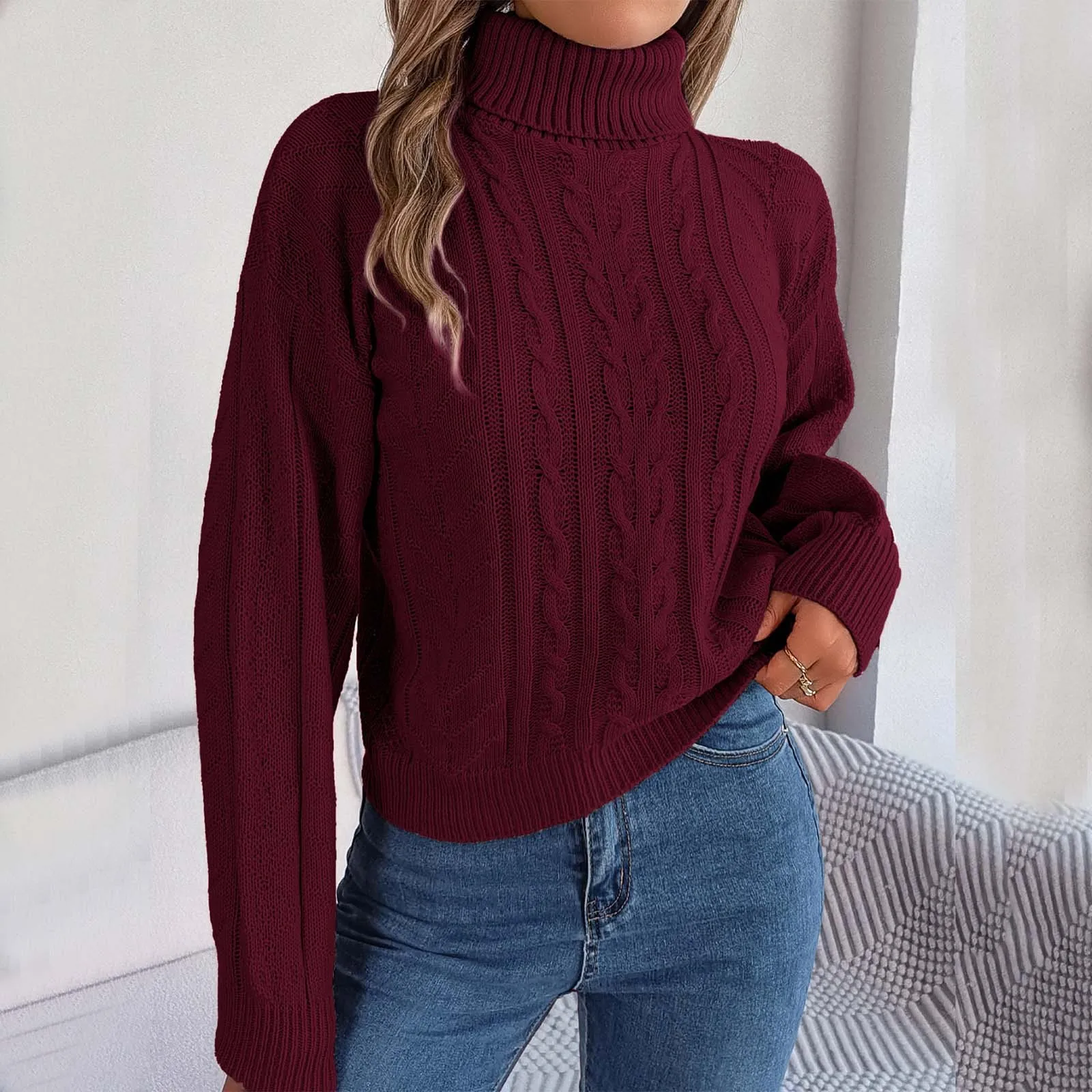 

Autumn Winter Sweater For Womens 2023 Turtleneck Long Sleeve Knitted Pullover Tops Solid Color Rib-Knit Sweaters Streetwear