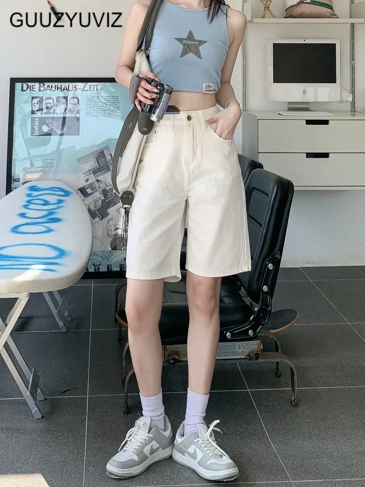 

GUUZYUVIZ Summer White Denim shorts Women Loose Casual Vintage