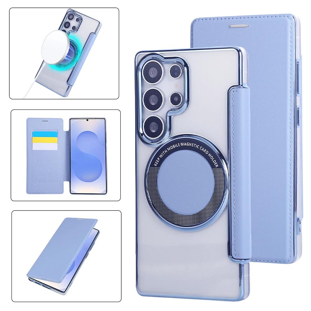 Elegant Leather Flip Wallet with Magnetic Closure & Wireless Charging Compatibility