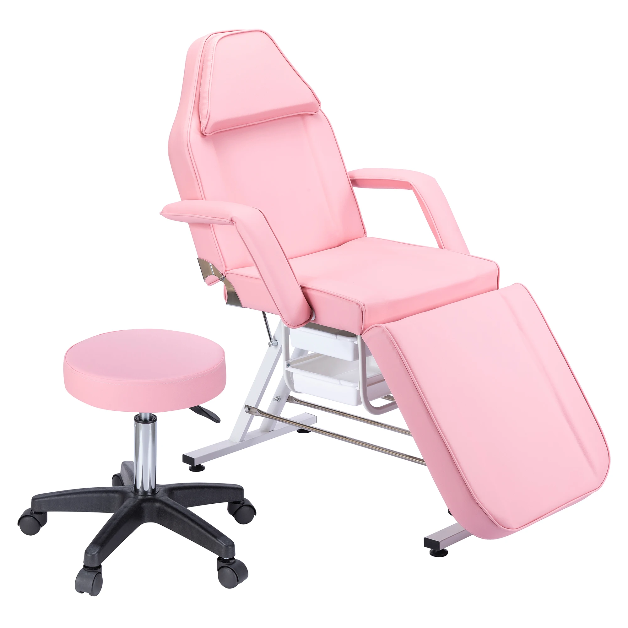 Massage Salon Tattoo Chair W/2 Trays&1 Stool Multi-Purpose Esthetician Bed 3-Section Facial Bed Table Adjustable Barber Spa
