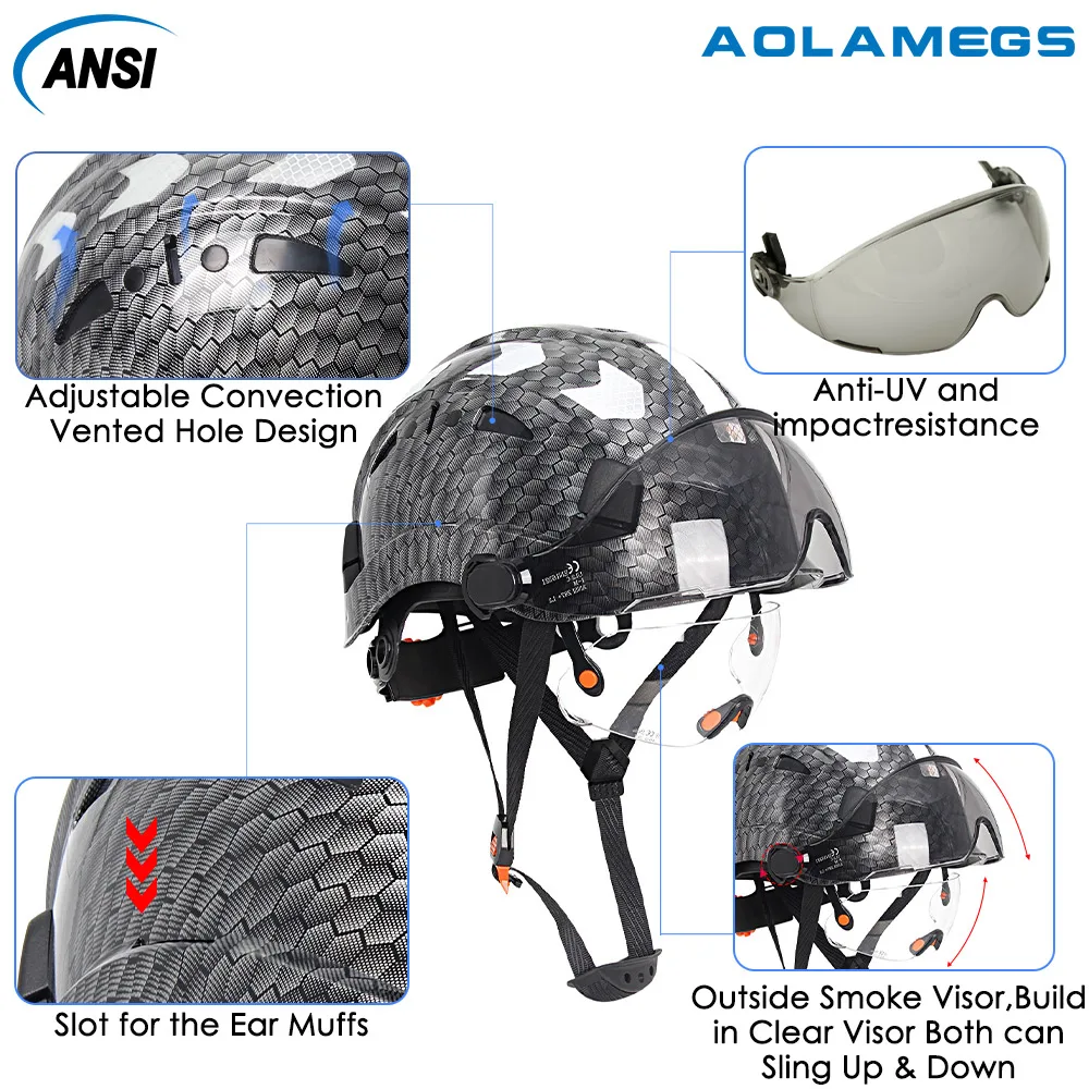 Construction Safety Helmet Double Goggles Earmuffs ABS Carbon Fiber Pattern Hard Hat ANSI Engineer Work Cap Head Protection