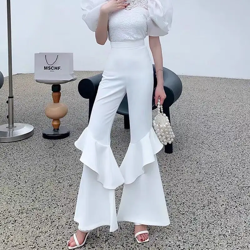 Elegant Luxury Ruffles Fashion Solid Flare Pants Women Flounce High Waist Loose Trousers High Streetwear Big Size Pantalon Pants