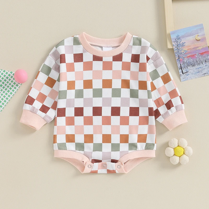 

New Baby Girls Crew Neck Casual Bodysuits Long Sleeve Checkerboard Print Casual Sweatshirt Romper Jumpsuits Baby Clothes