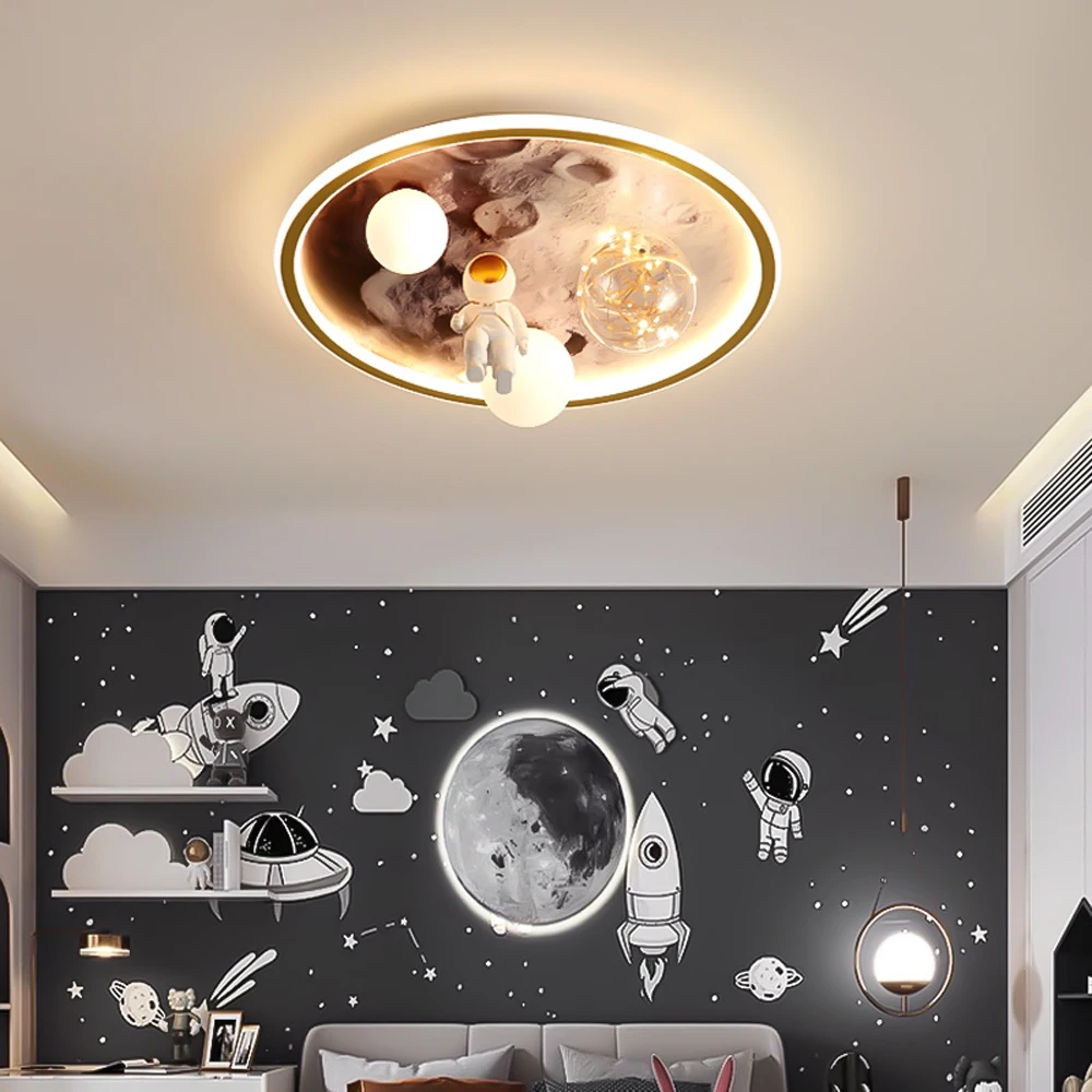 

New Cartoon Gold Space LED Ceiling Lights Nordic Children's Room Astronaut Round Ceiling Lamps Boy Room Study Restaurant Decor