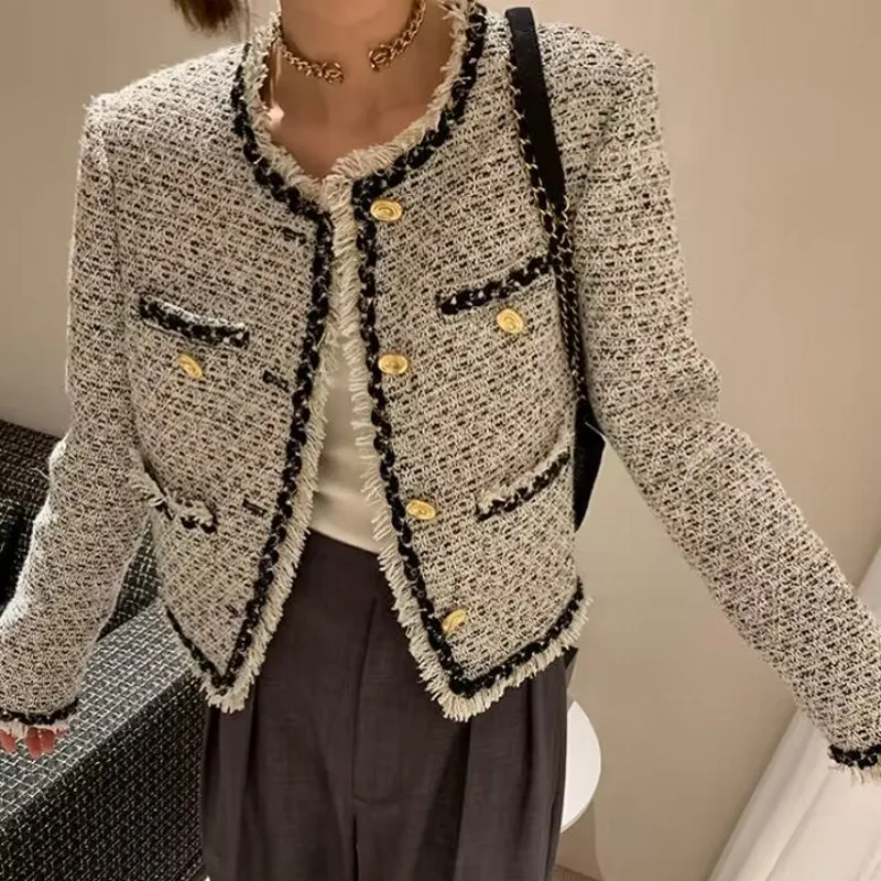 

Spring High Quality Elegant Tassels Tweed Small Fragrant Long Sleeve Jacket Tops Women's Clothing Causal Coats Female Outwear