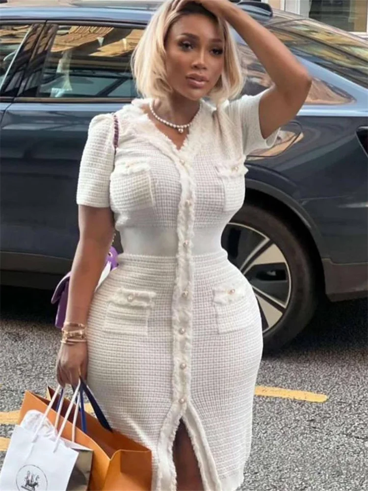 Wmstar Women Dresses Wholesale Summer Short Sleeved, Waist Cinching V-neck Knitted Dress Women's Volleyball Button Elegant Dress