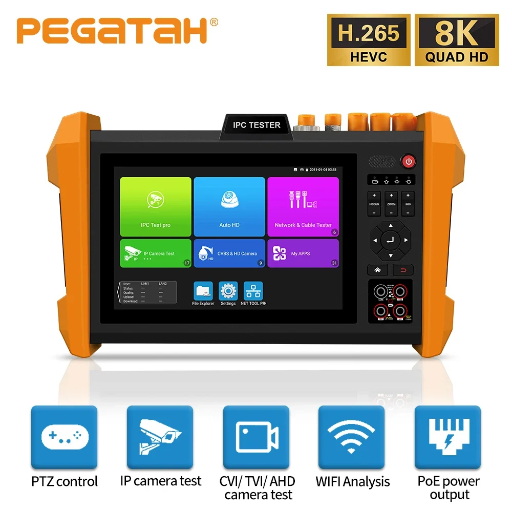 PEGATAH 8K CCTV Tester 7 inch HD IP CVI TVI AHD SDI Analog 6 In 1 Tester-Monitor VGA POE Portable HDMI Input Cable Tracer
