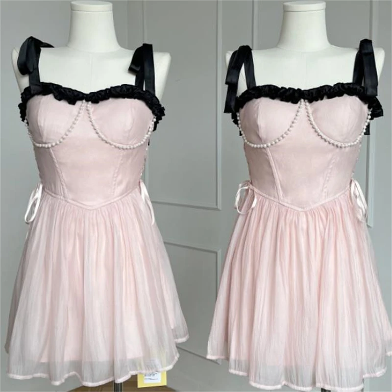 

Ballet Summer New Heavy Industry Pearl Trim Pink Tie Dress Sling Fashion Dress