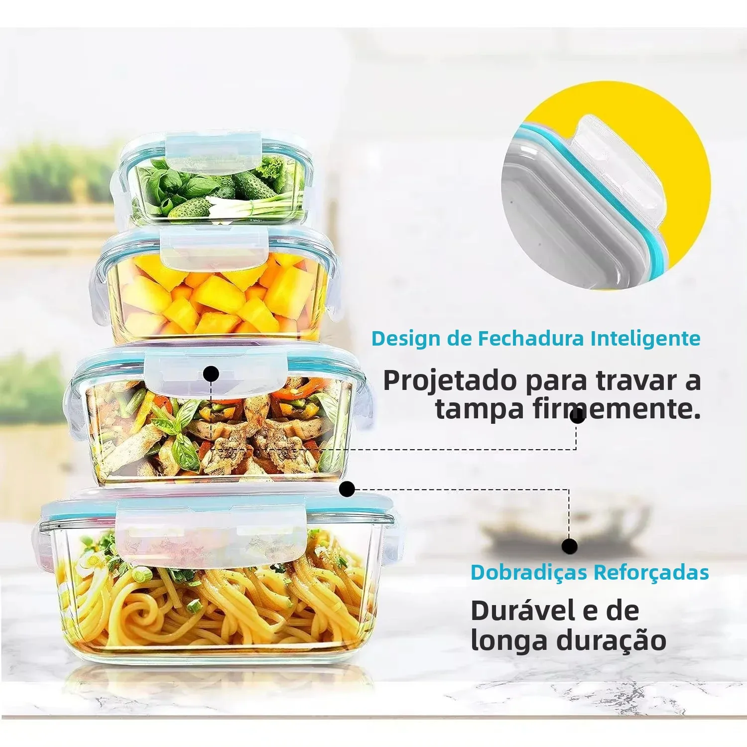 Lancheira de vidro, recipientes para armazenamento de alimentos, preparação de refeições, caixa bento hermética, para micro-ondas, forno, freezer e máquina de lavar louça, sem BPA 2