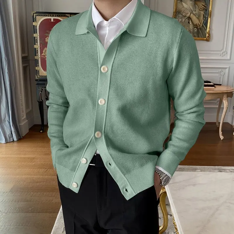 2023 Spring Autumn New Cotton Knitted Cardigan Slim Long Sleeve Button Korean Men's Fashion Lapel Sweater Simple Casual Coat 5