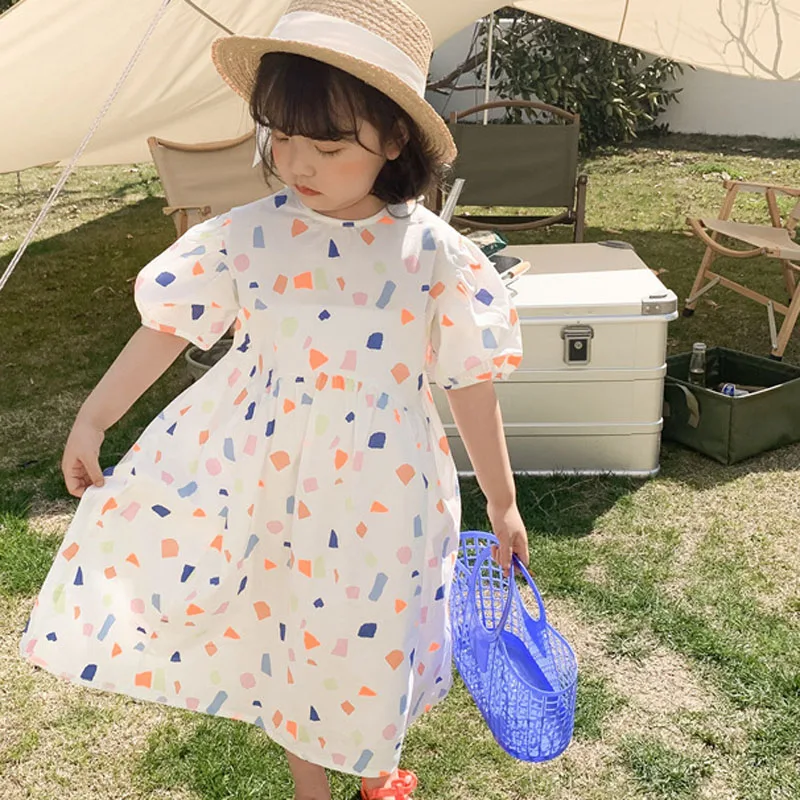 

Summer Girls Dress Sweet Style Geometric Pattern Puff Sleeve Princess Dress Baby Kids Clothes Children'S Clothing