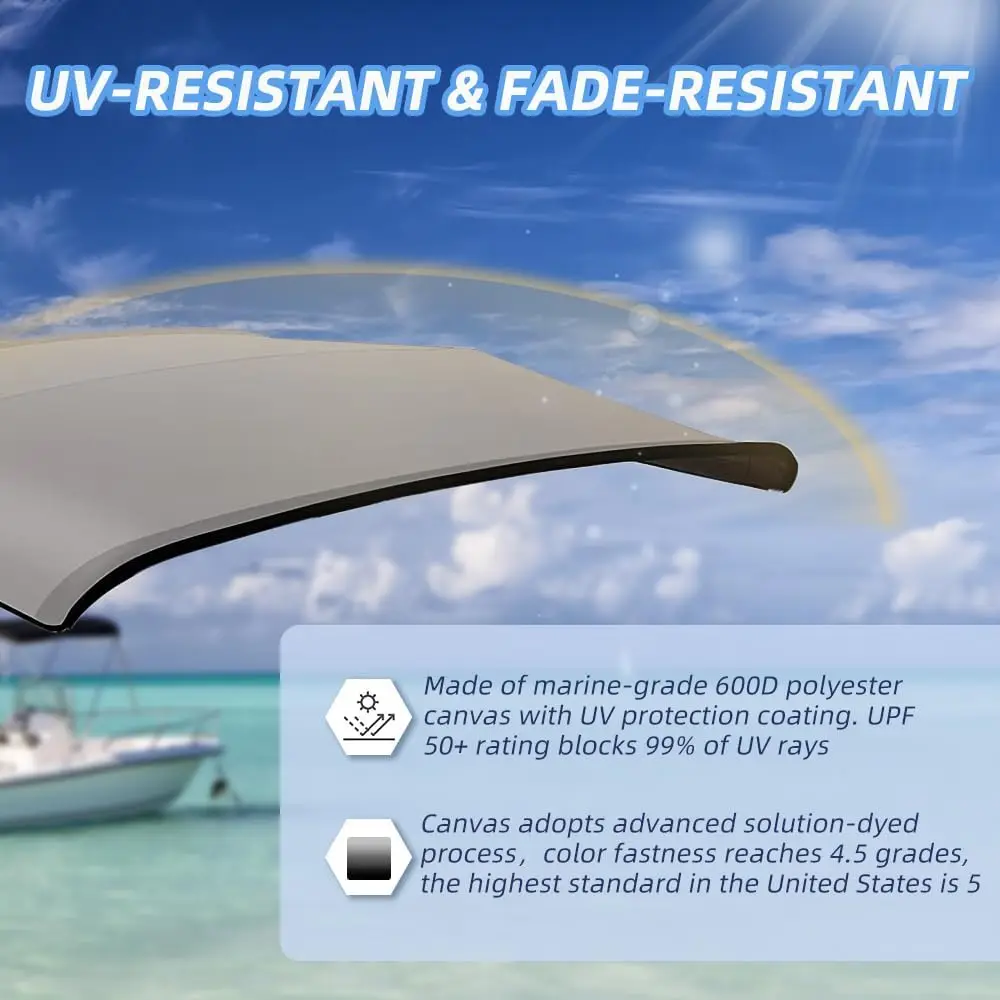 Bow Fade and Crack Resistant Sun Canopy, 600D Marine Grade Waterproof Easy to Install Zipper Sleeves Boat Grey 6'L 67"-72" W