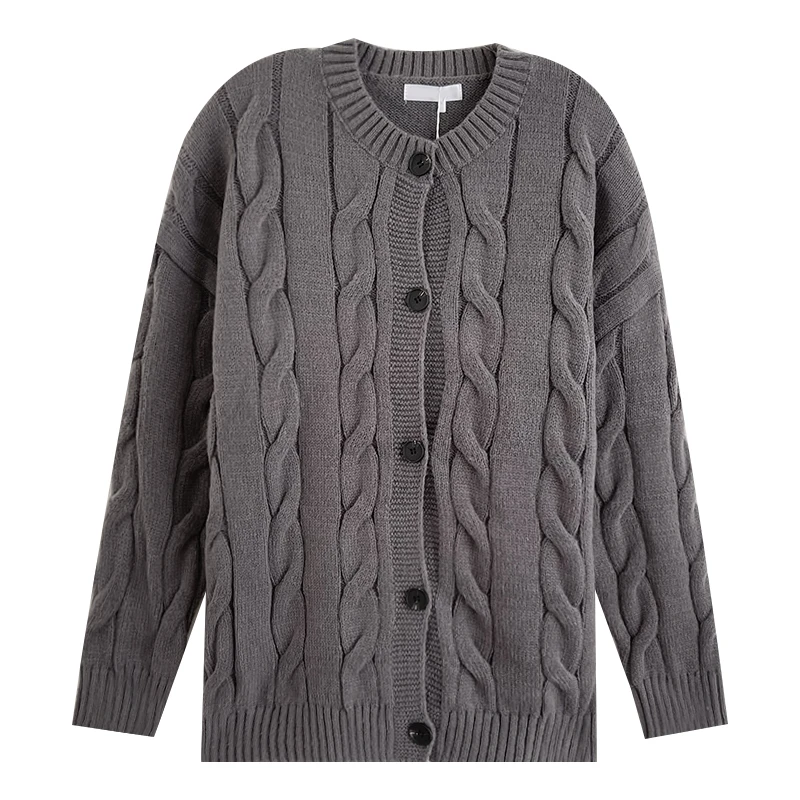 

Vintage Japanese Lazy Style twist Pattern Autumn Round Neck Single breasted Knitted Sweater Cardigan