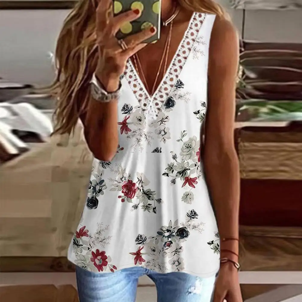 

Summer Casual Vest Lace Trim V-neck Sleeveless Women Blouse Slim Fit Stretchy T-Shirt Rose Flower Printing Vest Top Streetwear
