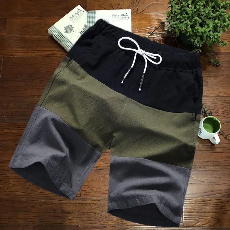 2023 Summer Contrast Color Elastic Waist Loose Casual Drawstring Straight Pants Man Thin Style Breathable Cotton Motion Shorts