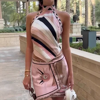 Sexy Print Halter Top Mini Skirt Sets Women Lace Up Sleeveless Backless Top Asymmetric Skirts 2025 Summer Beach Holiday Suits 1