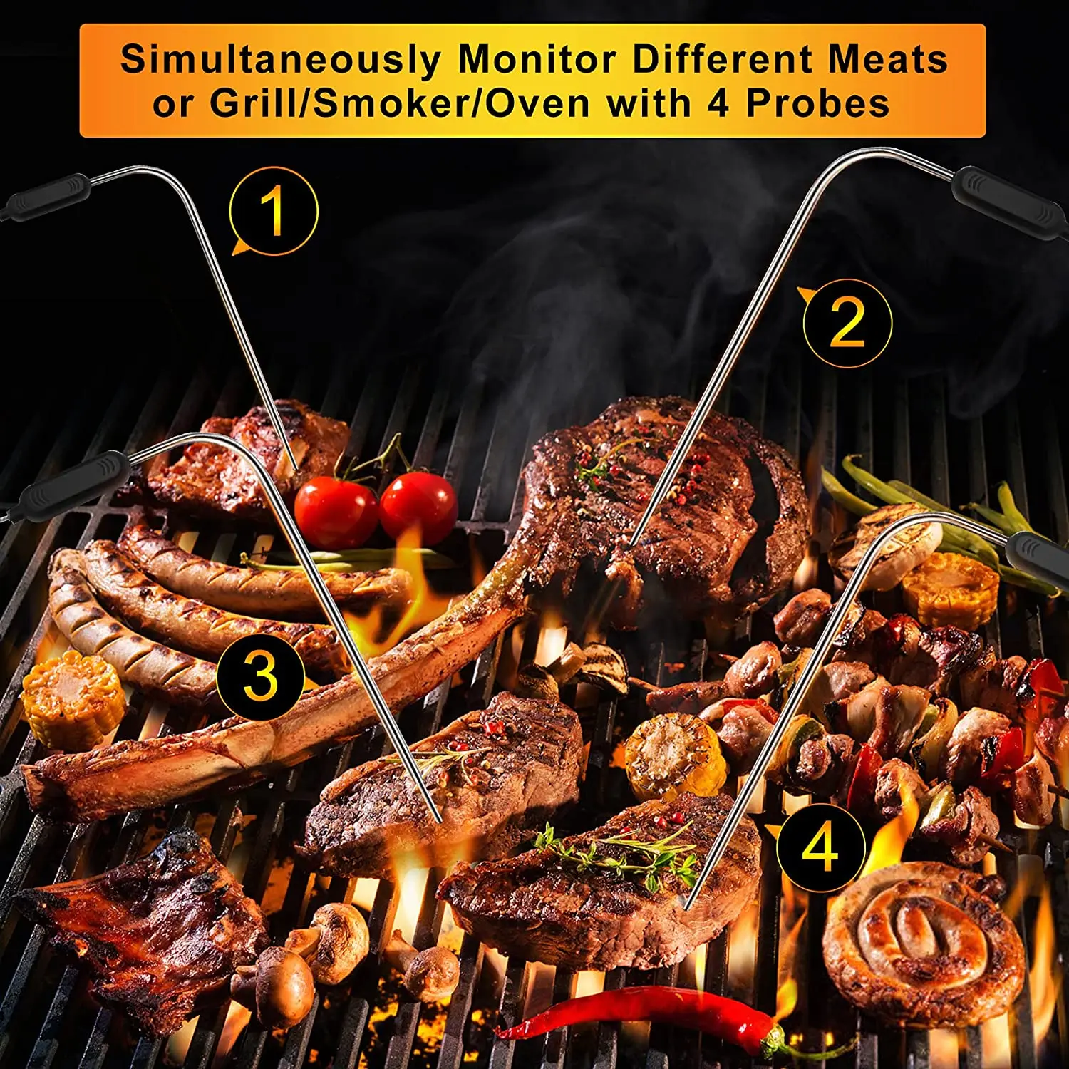 328ft Wireless Meat Thermometer for Grilling Smoker BBQ Oven Digital Food Kitchen Thermometer with 4 Probes Timer Alarm Gift New 4