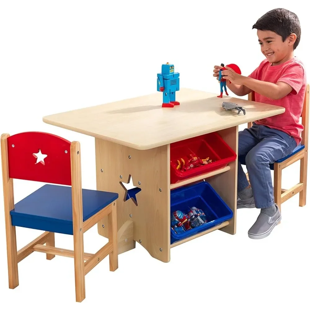 Wooden Star Table & Chair Set with 4 Storage Bins, Children's Furniture – Red, Blue & Natural dollhouse double chair wooden mini furniture table fairy benches scene model set