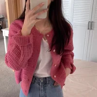 Spring Autumn Vintage round Ne Texture Design Loose Long Sve ort Knitted Sweater Cardigan Women's Faion Casual Wear