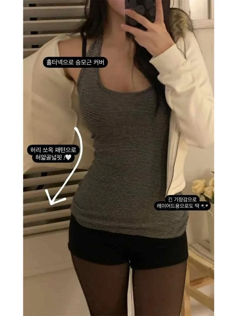 Unique SEI Korean Sle Slimming Striped Low Ne Hanging Strap Base Tank Top Trendy Commute Long Sve T-irt for Young Women