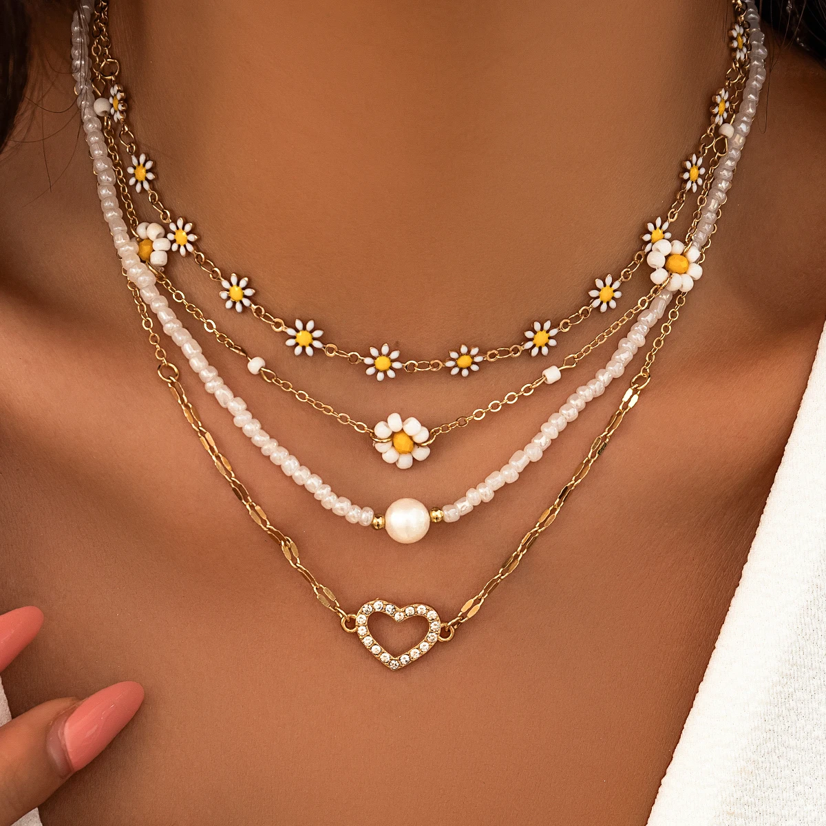 Collana Girocollo Boho Con Perle E Pendente Fiore In Oro, Fatta A Mano, Per Donna, Chiusura A Levetta - 5